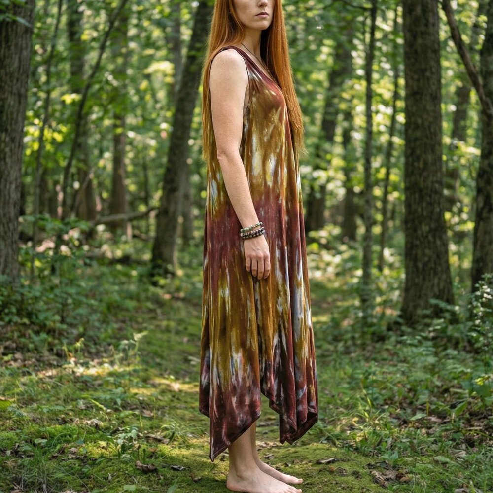 Lorelei Tie Dye Dress | Green Brown Fairy Flowy Sun Dress V-Neck